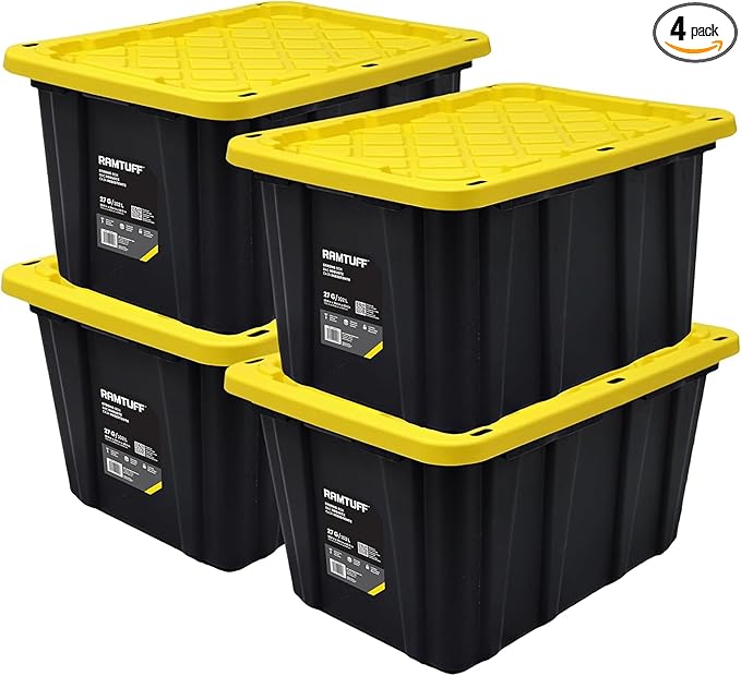 Ramtuff 4 Pack Heavy Duty Stackable Storage Container with Snap-Tight Lid, Resistant To Weather Organization Tote, 27 Gallon, Black and Yellow