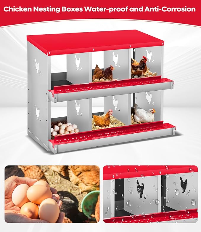 Chicken Nesting Box for Laying Eggs, 6 Compartment Metal Nesting Box,Wall Mount Chicken Nesting Boxes,Easy Egg Collection,Laying Boxes for Chickens Coop to Protect Eggs (Red, 6 Compartment)