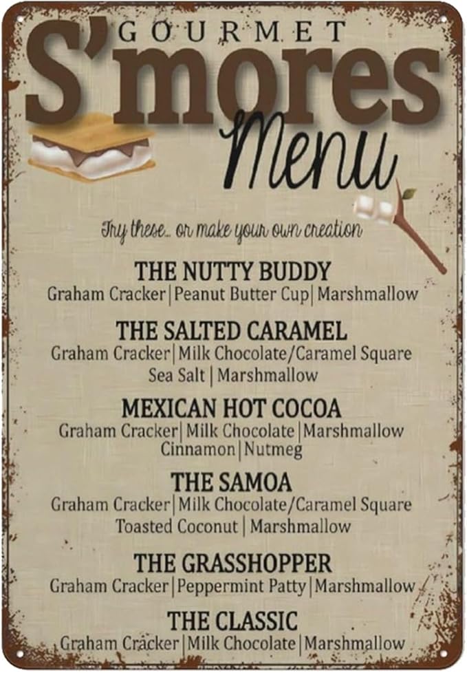 S'Mores Bar Menu,S'Mores Wedding Bar Vintage Tin Sign Camping Party Metal Sign Retro Wall Decor Gift Plaque Tin Sign For Home Cafes Pub Club Office Store,8x12 inches