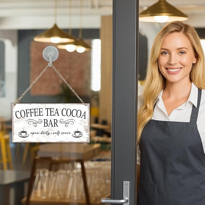 Coffee Tea Cocoa Bar decor Sign, Coffee Tea Cocoa Bar Open DAily Self Serve Hanging Sign, Vintage Kitchen Decor, Cafe Decoration with Rope Hanging 12 x 6 Inches