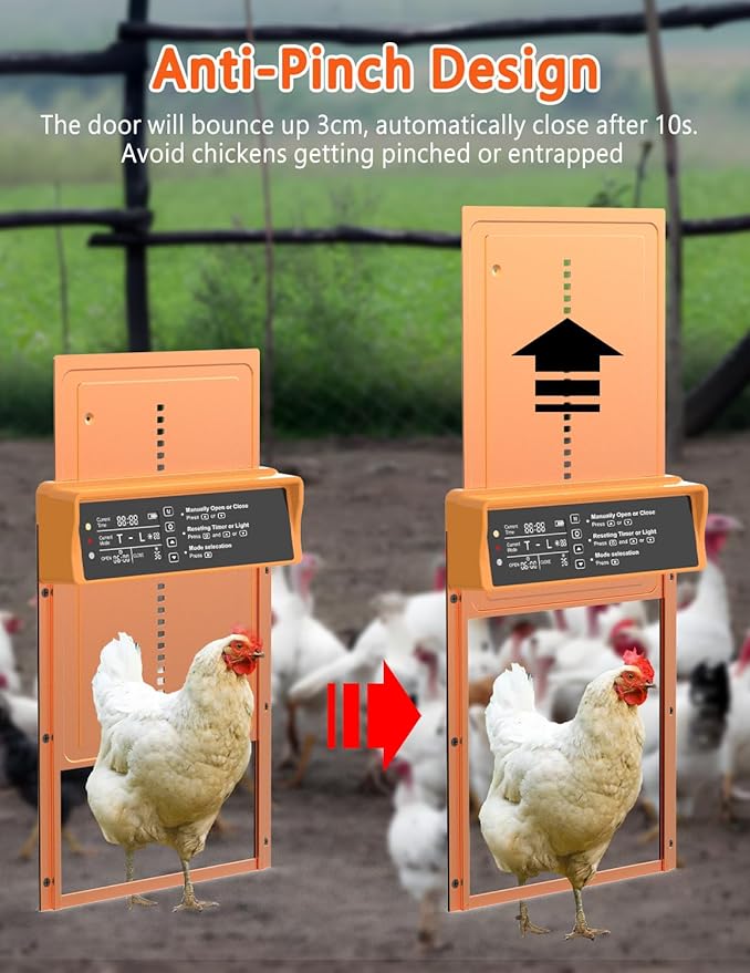 Automatic Chicken Coop Door Solar Powered, LCD Display, Durable Aluminum Alloy Chicken Door with Timer & Light Sensor Setting, Remote Control, Weatherproof, Energy-Saving, Solar Panel or USB Charging