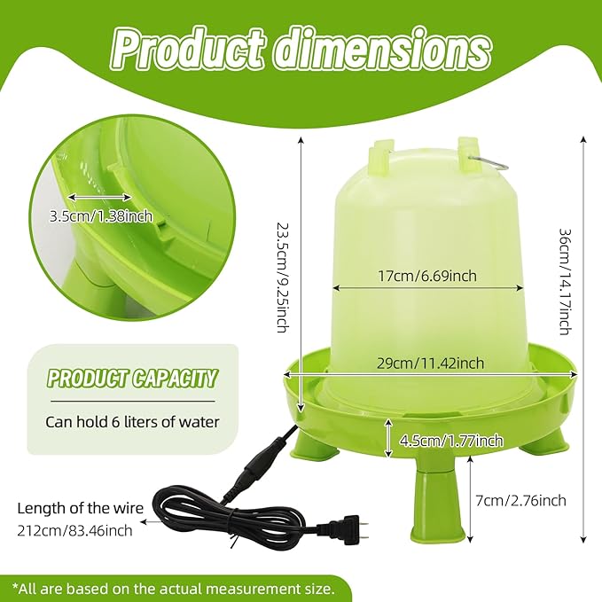 Heated Chicken Waterer 6L Thermostatically Controlled Poultry Water Heater with Overheating Protection, Galvanized Steel Handle Automatic Heated Poultry Drinker for Coop Chickens, Ducks, Geese (Green)