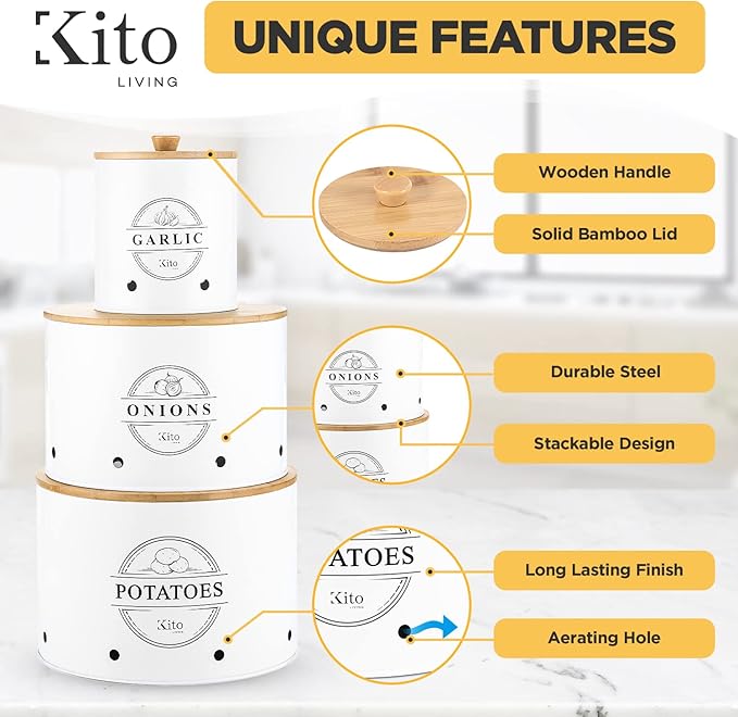 Canister Sets for Kitchen Counter with Wooden Bamboo Lids, Kitchen Canisters for Countertop, Stackable Steel Farmhouse Canisters for Potato Storage, Onion and Potato Storage Bins - White
