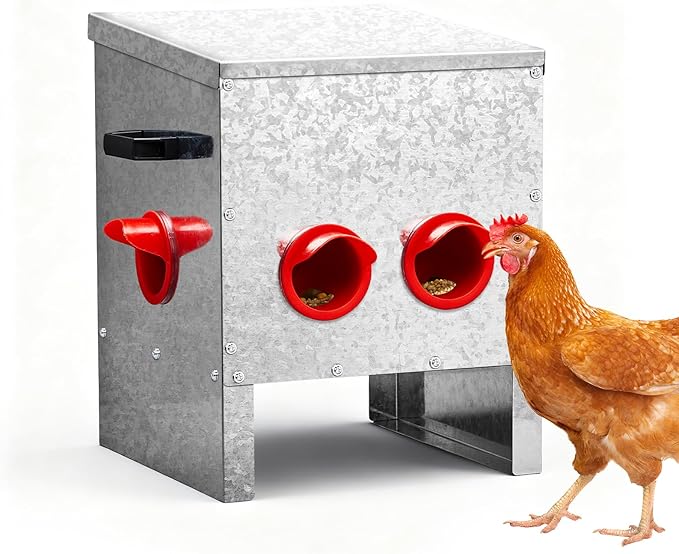 Outvita Metal Chicken Feeder 25 Pounds 4 Ports, No Waste Automatic Chicken Feeder, Metal Poultry Feeder with Handle for Chickens Duck Bantams Pheasants Poultry Coop Weatherproof, Rodent Proof