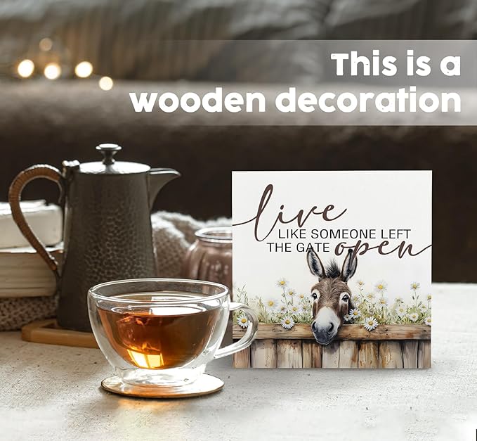 Donkey Decor Signs,Farm House Cottagecore Animal Wooden Signs,Rustic Farmhouse Live Like Someone Left The Gate Open Wood Sign,Donkey Animal Office Bedroom Kitchen Decor,6x6