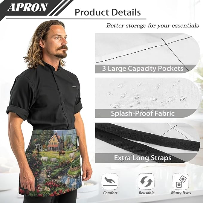 Waistress Apron with Pockets Coffee Waiter Apron Long String Chef Half Aprons for Cooking Kitchen Hairdresser