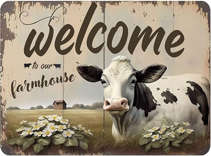 Rustic Farm Welcome Metal Sign Vintage Style Wall Decor for Farmhouse Gift 12x8 Inches