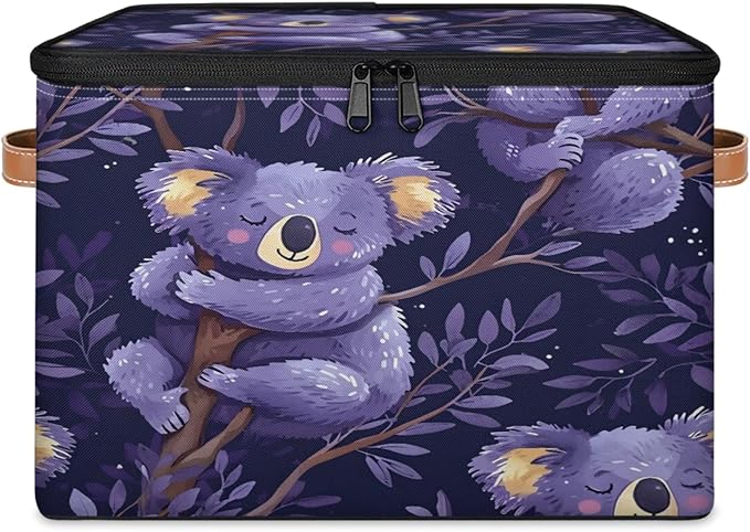 Storage Cubes with Lid Fabric Storage Bins Boxes PU Leather Handles, Cute Koalas Closet Organizer Container Foldable Washable Shelf Cloth Basket, Cartoon Koala