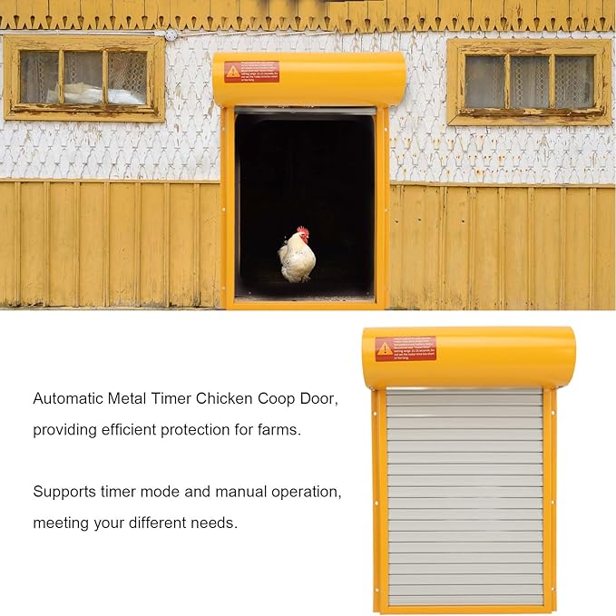 Automatic Chicken Coop Door, Solar Powered Timer Control with LED Display for Poultry Safety Duck Goose Farm, Metal Plastic Construction (Yellow)