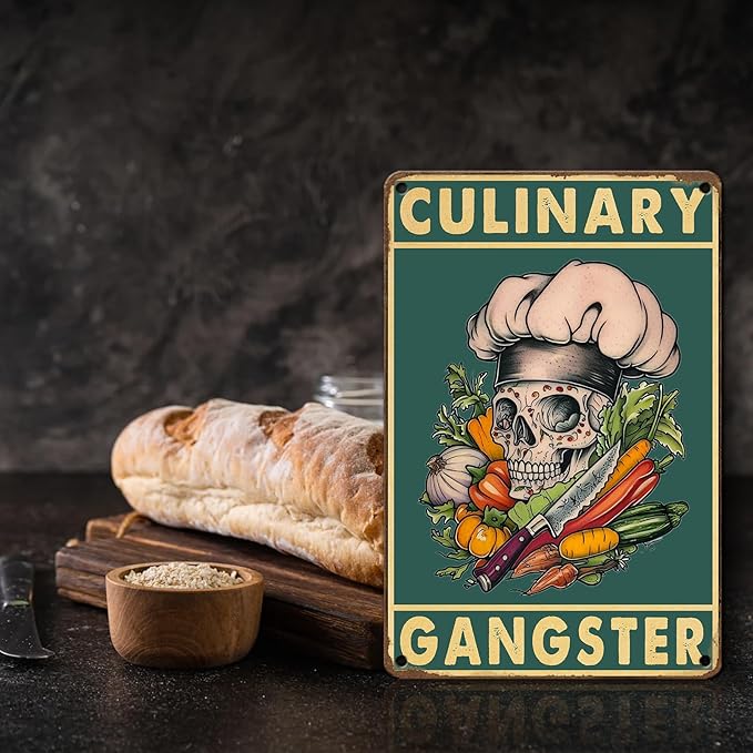 PEACHGARDEN Kitchen Wall Decor Vintage Skull Metal Sign Funny Culinary Gangster Tin Sign Cooking Poster Wall Decor for Home Kitchen Bar Pub Man Cave Cafe 8x12inch
