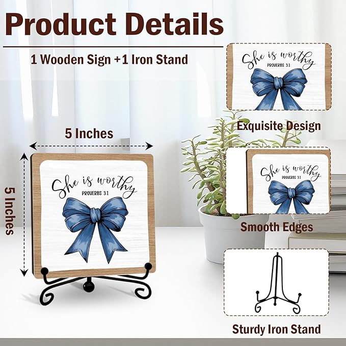 Religious Gifts for Women, 5 Inch Blue Bow Christian Bible Verse Decor, Inspirational Wooden Plaques for Home Office - A09
