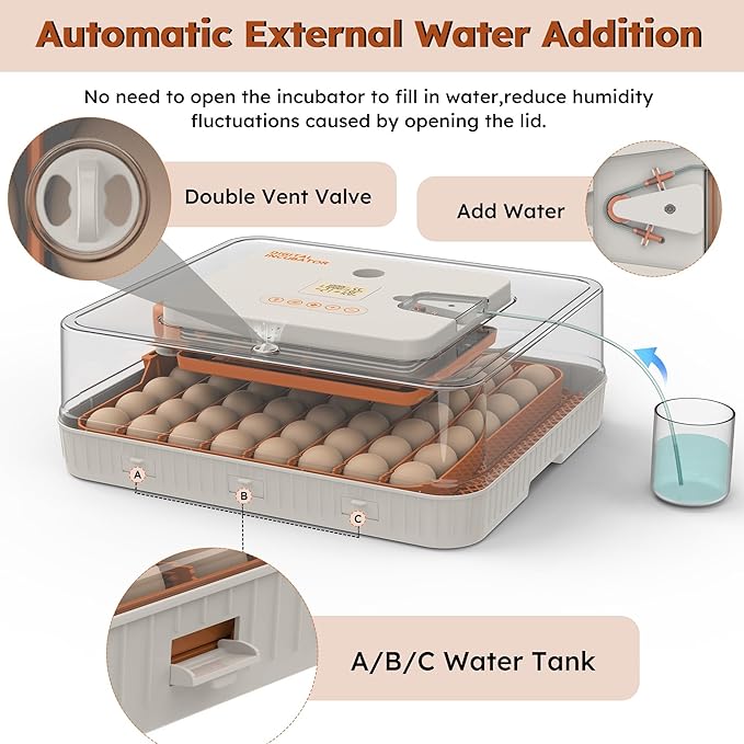 56 Egg Incubator with Automatic Turning & Humidity Control – Digital Poultry Hatcher for Chicken, Duck, and Goose Eggs – Built-in Egg Candler & Auto Water Refill, 360° Clear View