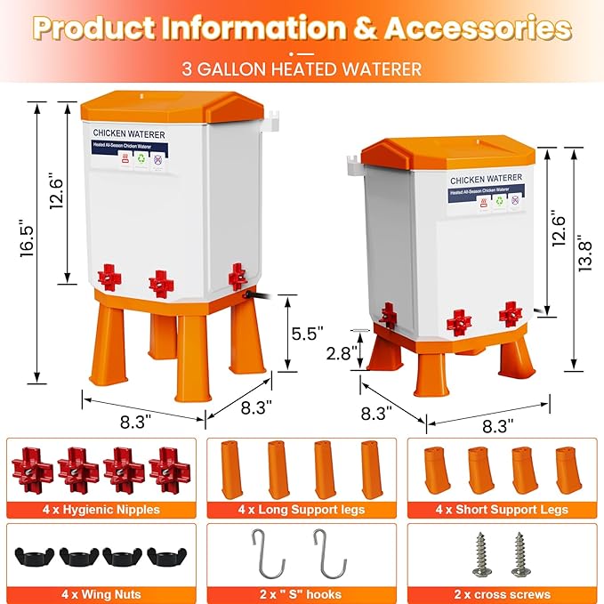 Nexum Heated Chicken Waterer - 3 Gallon Winter-Proof Poultry Drinker with Nipples and Stand, Auto Thermostat for Chickens, Ducks & Quail - Freeze-Resistant, Easy Fill (Orange, 3 Gallon)