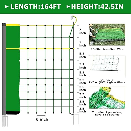 Electric Fence Netting, 47.2" H x 164' L, Portable Livestock Nets with 14 Posts Double Spiked for Hog, Dogs, Deer, Goats, Electric Fencing for Backyards, Homesteaders, Farms, Ranches, Gardens