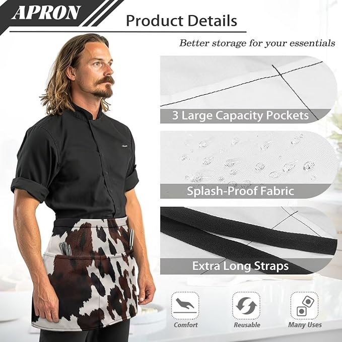 Waistress Apron with Pockets Coffee Waiter Apron Long String Chef Half Aprons for Cooking Kitchen Hairdresser