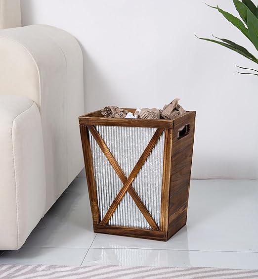 Small Wood Trash Can Wastebasket, Decorative Barn Door Garbage Can Waste Basket, Rustic Distressed Rectangular Trash Bin, Farmhouse Wooden Storage Basket Waste Paper Bin (Brown)