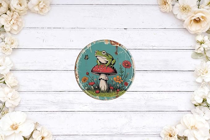 Mushroom Frog Metal Sign 8x8in Round Whimsical Plaque for Garden Wall Decor Fantasy Nature Gift