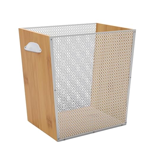 3 Gallon Bamboo-Wooden Trash Can - Rustic Office Waste Paper Basket - Decorative Garbage Bin for Bedroom, Bathroom, Kitchen, Living Room