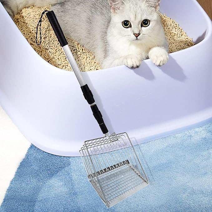 Cat Litter Scoop with Long Handle, 3 in 1 Adjustable 22" to 42" Chicken Coop Litter Scooper, Metal Pooper Sifter, Chicken Coop Sand Scooper, Sturdy Pet Care Tool, Chicken Coop Accessories