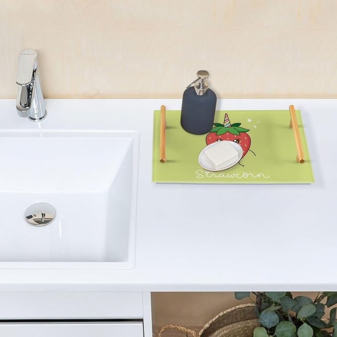 Bathroom Vanity Tray Counter Organizer, Cute Strawberry Decorative Tray with Handles Countertop Storage for Bathroom Bedroom Kitchen Home Farmhouse