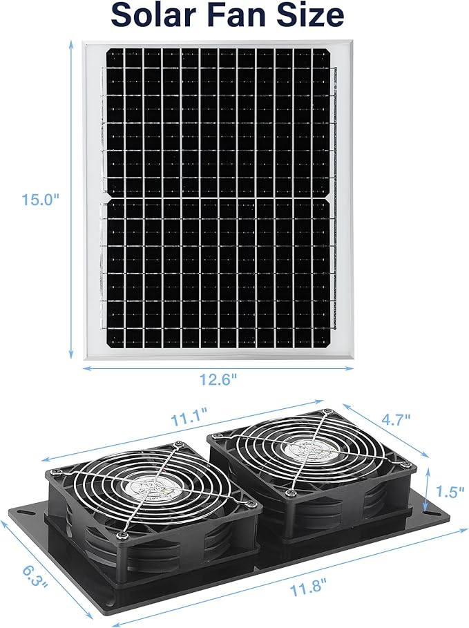 Solar 2 Fan Kit, Waterproofed Solar Powered Fans for Outdoor Chicken Coop, Greenhouse & Shed Intake or Exhaust Air