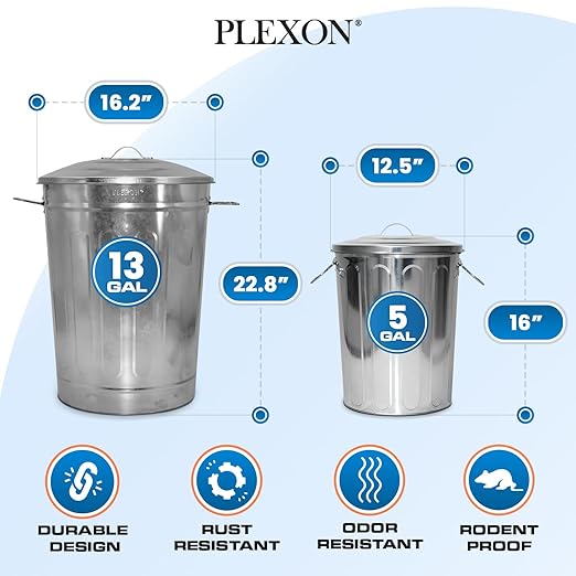 Plexon 13 Gallon Metal Trash Can and 5 Gallon Small Metal Trash Can with Lids Heavy-Duty Outdoor and Indoor Set for Storage Ash Bucket Bird Seed and Farm Use, Bundle