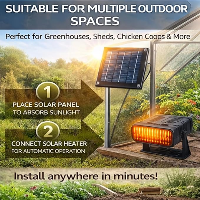 Solar Heater for Greenhouse, 2027 New Solar Heater for Chicken Heater, Smart Thermostat, Weather-Resistant, Easy Mount - Solar Powered Heater for Outdoor Use, Dog House, Shed, Pet Shelter (Black-30W)