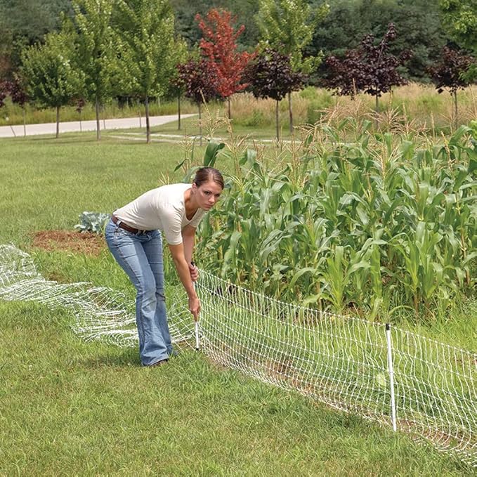 Premier 1 VersaNet® Plus, 20" H x 50'L Portable Electric Garden Net Fence with Built-in Posts | 2" x 2" Strand Spacing at Bottom to Keep Rabbits, Raccoons & Varmints Out of Gardens | White/Black
