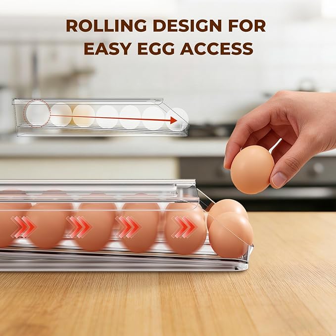 Egg Holder for Fridge,Automatic Rolling Egg Container for Refrigerator,Clear Stackable Egg Organizer with Removable Lid for Fridge Organizers and Storage,2 pack