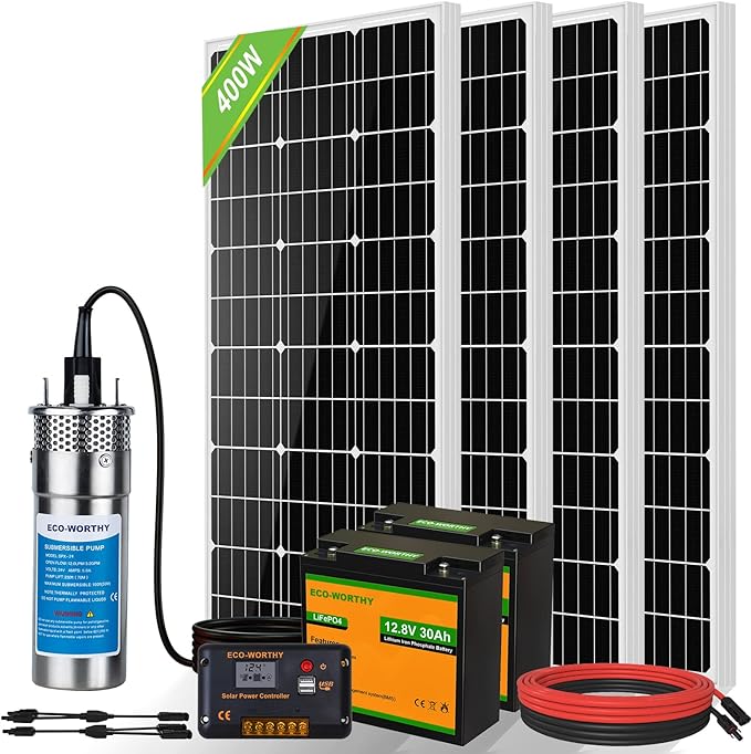 ECO-WORTHY Solar Well Water Pump Kit 24V DC Submersible Water Pump with 4pcs 100W Mono Solar Panel Lithium 30AH Battery&Controller for Well Pond Home Farm Stainless Steel- DELIVERY IN 3 PACKAGES