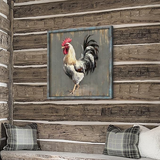 Rooster Wooden Wall Art Decor: Farm Cock Picture Country Animal Framed Artwork Rustic Farmhouse Chicken Painting for the Kitchen Living Room 20"x20"