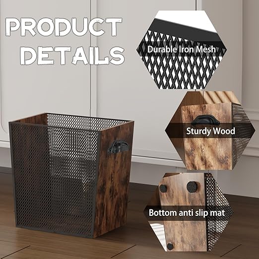 2 Gallon Wooden Trash Can - Rustic Decorative Waste Paper Basket - Garbage Bin for Bedroom, Bathroom, Office, Living Room
