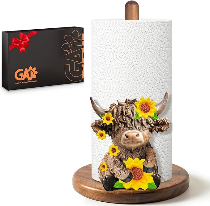 Highland Cow Paper Towel Holder - Highland Cow Decor for Kitchen Farmhouse Bathroom Countertop - Gifts for Women Mom Grandma - 3D Cute Stuff Decorative Accessories