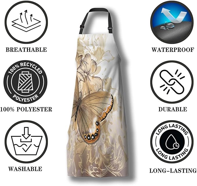 Artist Apron Women Fashion Butterfly Mans Aprons for Kitchen Cooking Restaurant BBQ Painting Crafting Gardening 27” (W) x 31” (H), Waterproof Apron