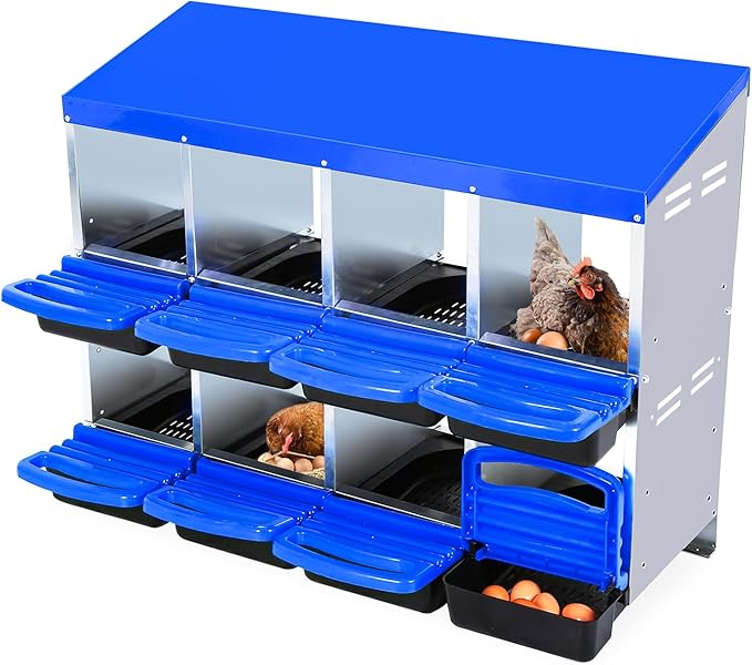 Chicken Nesting Boxes, Roll Away Nesting Box 8 Hole Metal Chicken Egg for Chicken Coop, Swing Perch and Rollout Egg Collection, Blue
