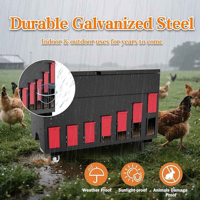Automatic Chicken Feeder, 130lbs Capacity, 14 Ports Portable Poultry Feeder, Waterproof Metal Chicken Feeder, Suitable for Geese, Ducks, Turkeys, Quails
