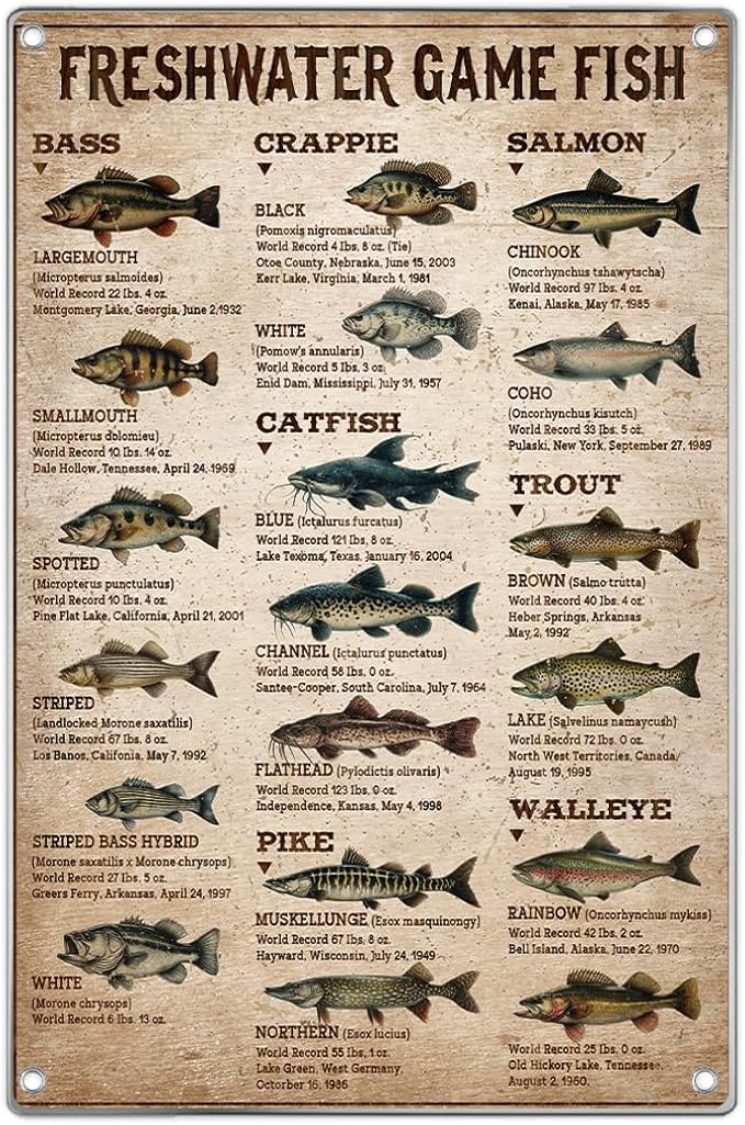 Freshwater Game Fish Chart Metal Sign Vintage Educational Wall Decor For Fishing Enthusiasts Anglers Man Cave Lake House Cabin Garage 8 x 12 Inch Home Indoor