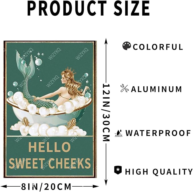 Metal Signs Hello Sweet Cheeks Mermaid Sign Vintage Aluminum Tin Sign for Home Office Kitchen Bar Cafe Garden Bathroom Wall Decor 12x8 Inch