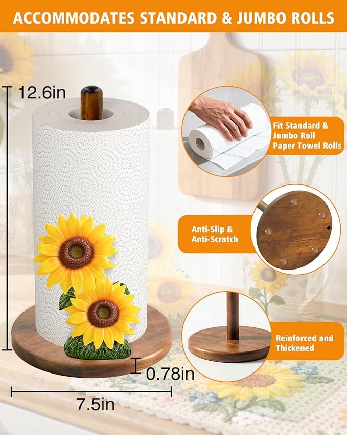 Sunflower Paper Towel Holder - Sunflower Decor for Kitchen Farmhouse Bathroom Counter - Gifts for Women Mom Grandma - 3D Vintage Yellow Stuff Decorative Accessories
