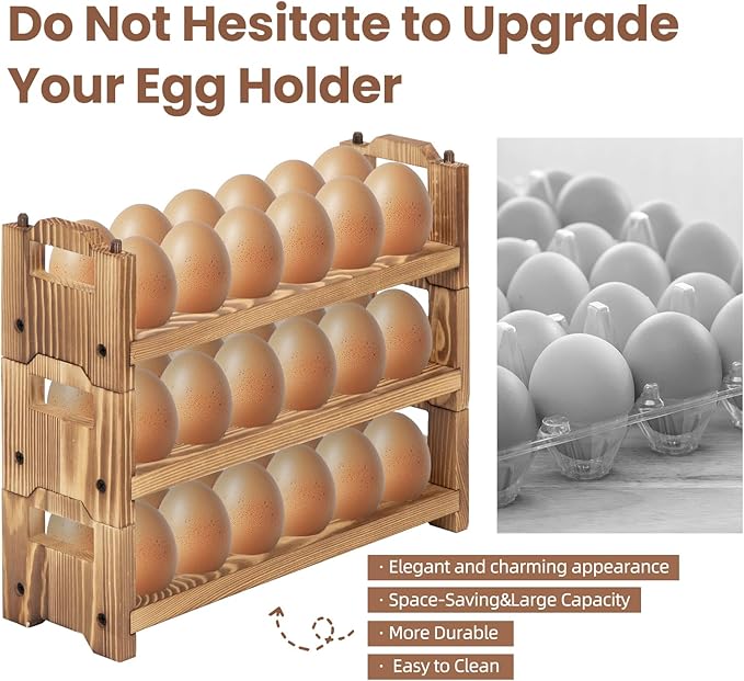 Egg Holder Countertop, 3-tire Solid Wooden Egg Holder, Stackable Egg Storage Easter Basket Holding Up to 36 Fresh Eggs, Chicken, Duck Eggs - Unfinished