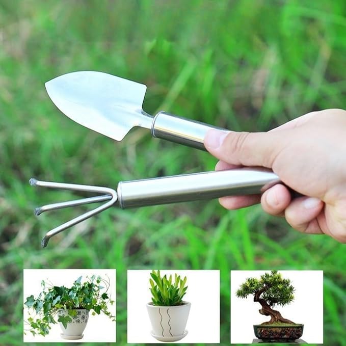 3-Piece Stainless Steel Garden Tools Set with Gloves- Shovel, Rake, Weeder for Indoor Outdoor Use, Ergonomic Handles for Succulents, Potted Plants & Seedlings