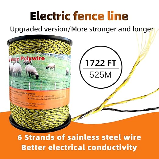Electric Fence Polywire Upgraded 1722 Feet，525 Meter，6 Stainless Steel Strands for Reliable Conductivity and Rust Resistance，Portable Electric Fence Rope
