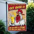 Funny Chicken Get Over It Garden Flag 12x18 Inch Double Sided Outdoor Yard Banner Humor Rooster with Drink Cartoon Farmhouse Decoration for Porch Patio Backyard Decor