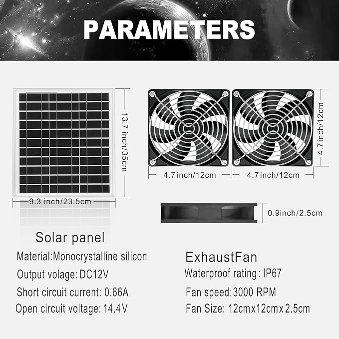 Solar Powered Exhaust Fan with Solar Panel, IP67 Waterproof Ventilation Fan for Greenhouse, Chicken Coop, Dog House, Storage Room