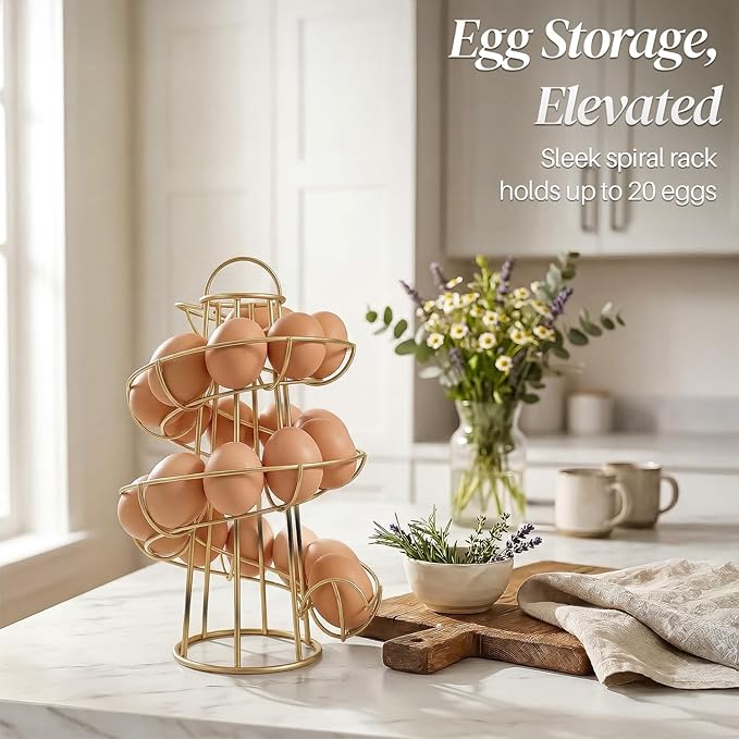 Flexzion Egg Skelter Modern Spiral Egg Holder Countertop (Medium Egg Display) - Freestanding Wired Countertop Egg Holder for Fresh Eggs, Dispenser Stand, Storage Rack for Kitchen, Gold
