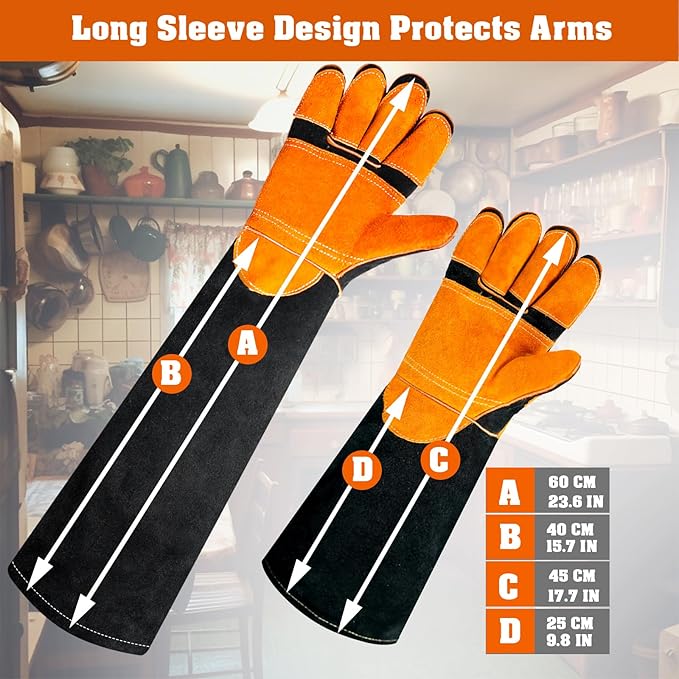 Leather-Welding-Gloves Heat/Fire-Resistant Kevlar-Gloves for BBQ,Grill,Camping,Stick,Animal-Handling-Gloves