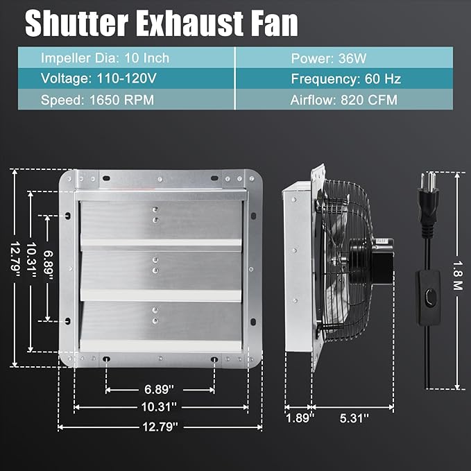 Criditpid 10 Inch Shutter Exhaust Fan, 820 CFM Attic Fan, Wall Mounted Vent Fan with Speed Controller and Thermostat for Greenhouse, Garage, Warehouse, Shed, Basement, Chicken Coop Ventilation.