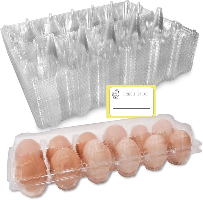Large Plastic Egg Cartons 30 Packs with Sticker Labels for 12 Eggs, Cheap Bulk Egg Tray Egg Container Holder for Refrigerator, Storage, Family, Chicken Farm, Market, Camping