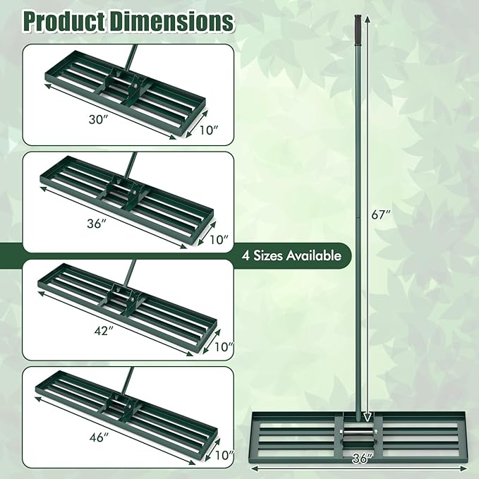 Happygrill Lawn Leveling Rake, Heavy Duty Lawn Level Tool for Soil w/67” Handle, Dirt Ground Leveler, Effort-Saving Landscape Rake for Garden, Backyard, Golf Course, Farm, Pasture (36" x 10", Green)