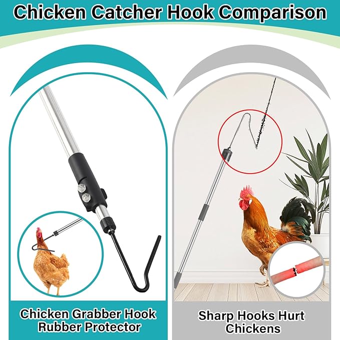 Chicken Catcher Net,37 to 93in Chicken Catcher Leg Hook Extra Long Handle Animal Catcher Pole Heavy Duty with Frosted Tube Extension Pole Poultry Hook Fowl Catcher (Stainless Steel Tube)